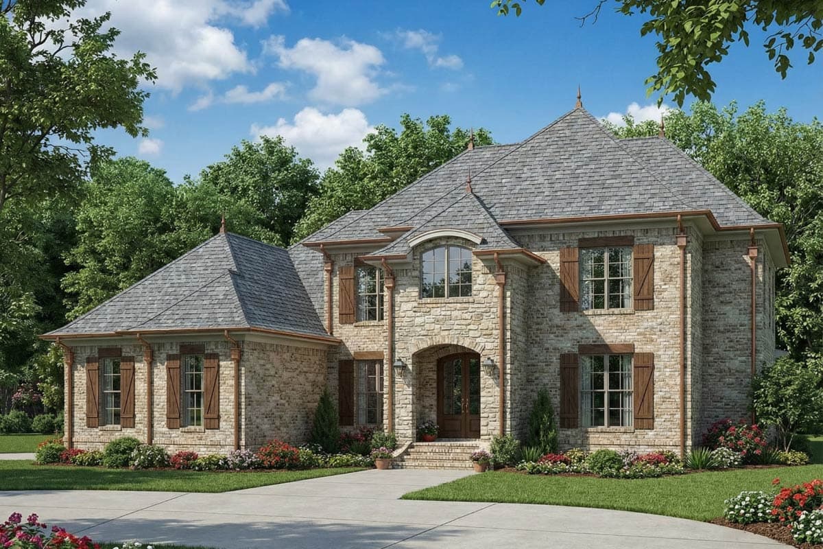 House plan exterior: Two-story French Country style with stone and brick facade, arched entryway, gables, and dormers.