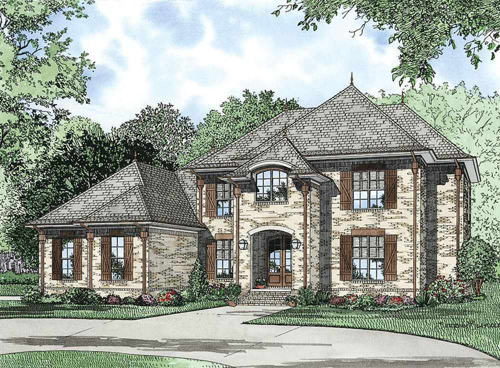 House plan exterior, two stories, brick facade, arched entryway, multiple gables, and large windows.