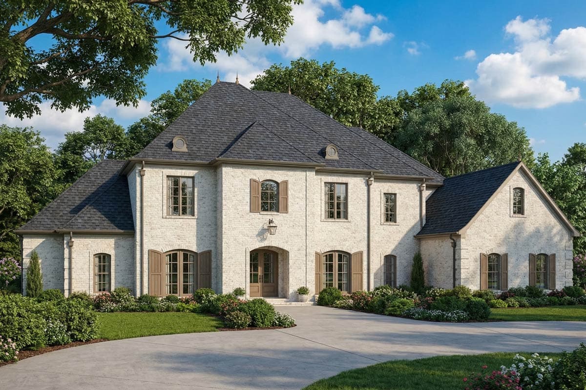 A large, two-story house with a white brick facade, dark gray roof, and brown shutters. A circular driveway leads to the front door, with greenery.