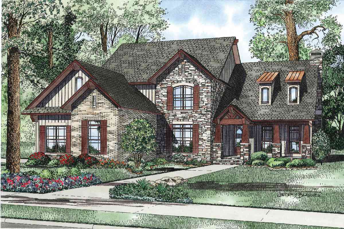 House plan exterior with stone and shingle siding, multiple gables, dormers, and covered entry.
