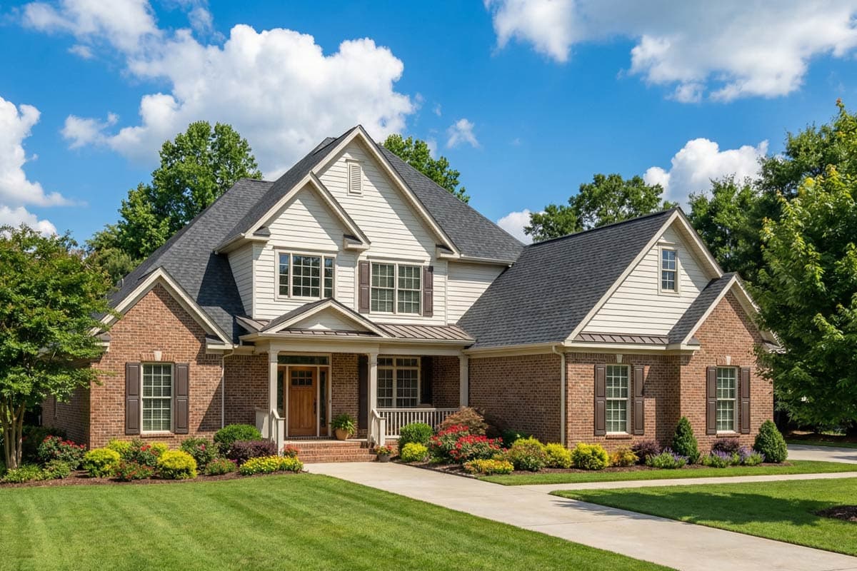 A two-story house with a brick and cream exterior, a dark roof, and a neatly manicured lawn. A sunny day with blue sky and some clouds.