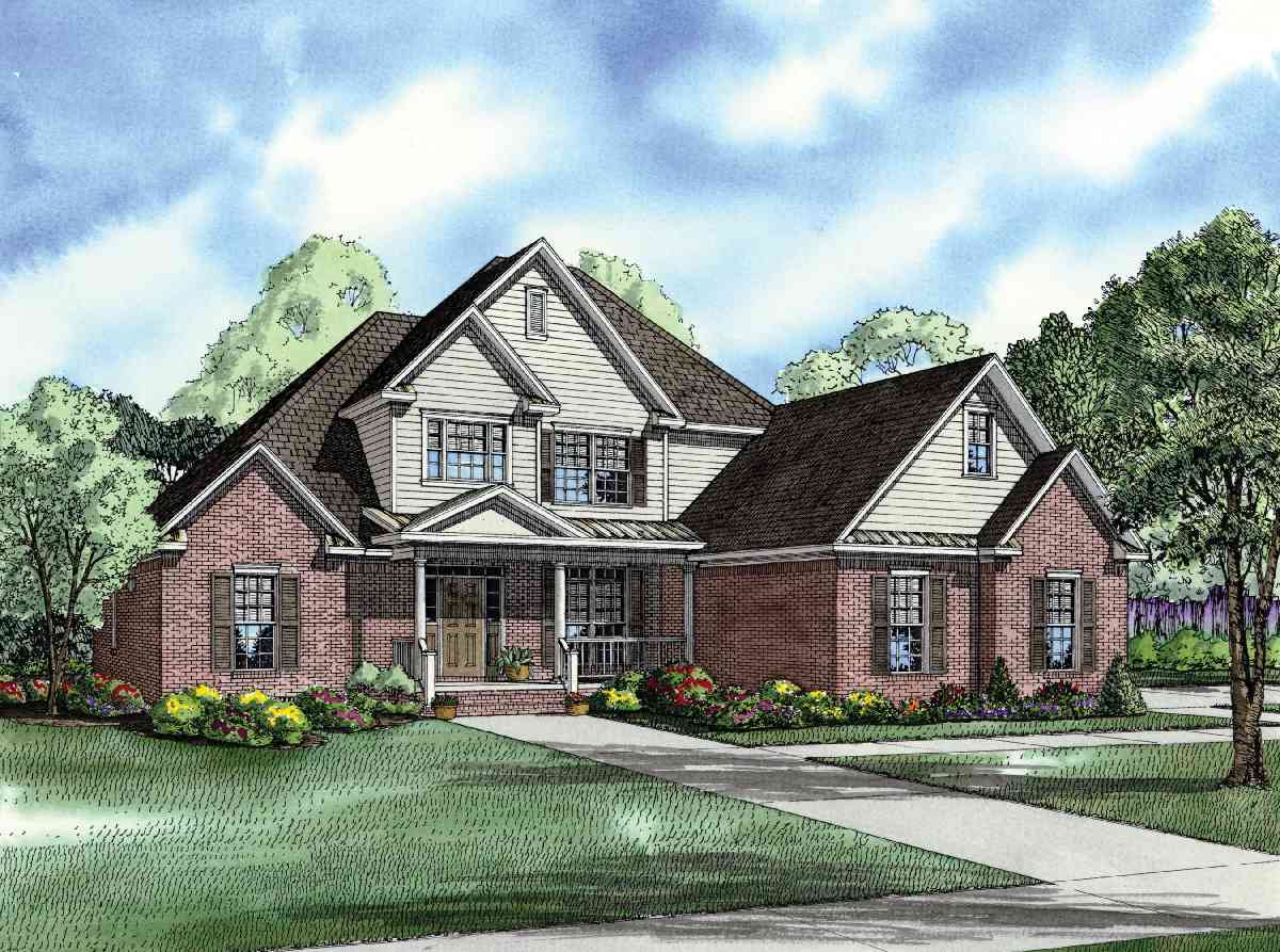 House plan exterior, two stories, brick and siding, prominent front porch with columns, multiple gables, and dormer window.