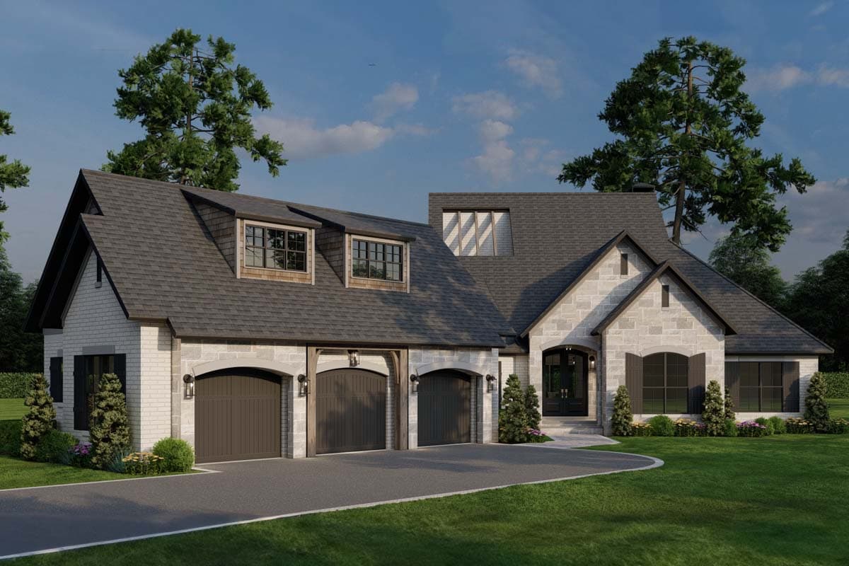 House plan exterior with stone facade, three-car garage, dormer windows, and dark shingled roof.