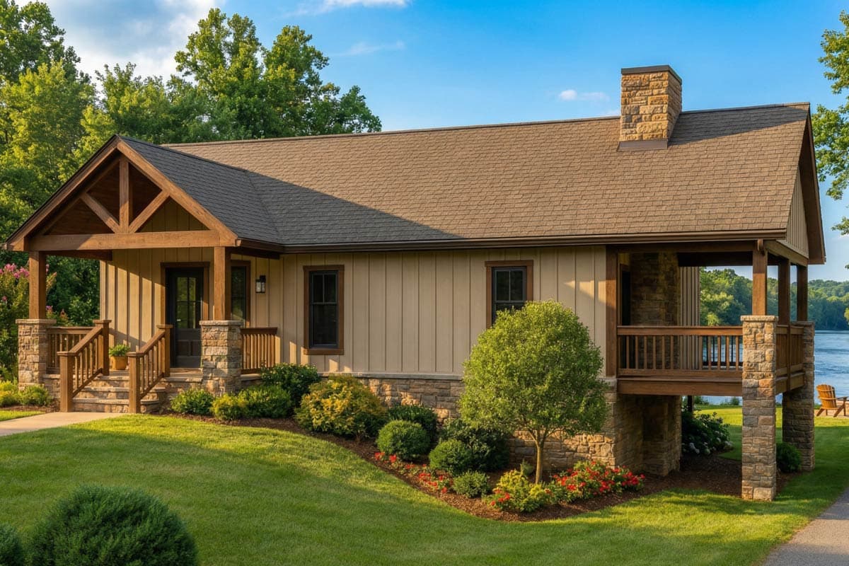 A craftsman-style house with a covered porch and stone accents sits on a manicured lawn overlooking a river, with lush landscaping.