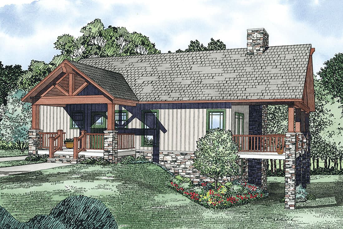 House plan exterior: Ranch style with stone foundation, large front gable porch with exposed beams, and rear deck.