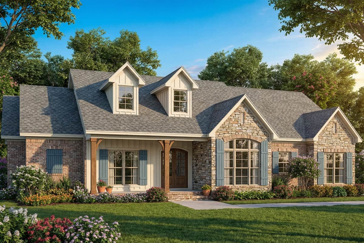A beautiful residential home with a stone and brick facade, dormer windows, blue shutters, and manicured landscaping under a bright, sunny sky.