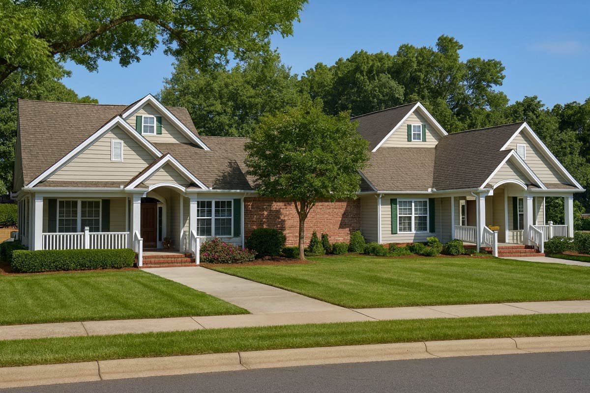 House plan exterior: One-story Ranch with gabled dormers, arched covered entryways, and white picket railings.
