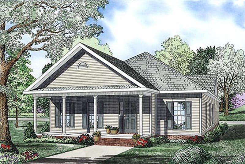 House plan exterior: Single-story home with a prominent covered front porch supported by columns, gabled roof with dormer vent.