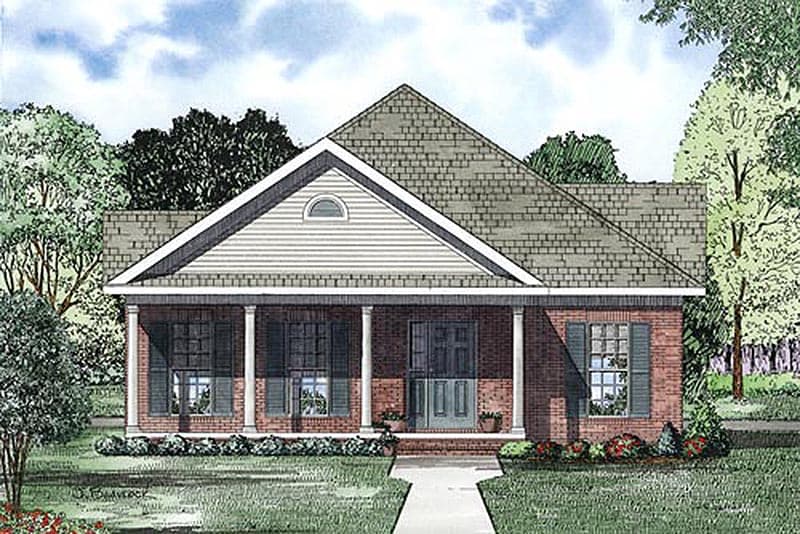 House plan exterior: Ranch style with covered front porch, columns, brick facade, and a prominent gable with a half-round window.