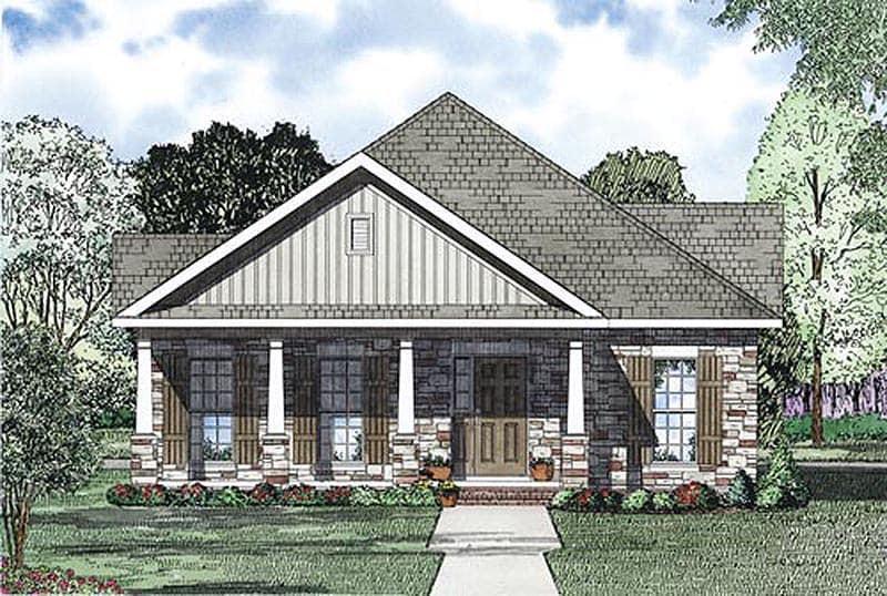 House plan exterior: One-story home with a large front porch supported by stone-clad columns, prominent gable with vertical siding, and stone facade.