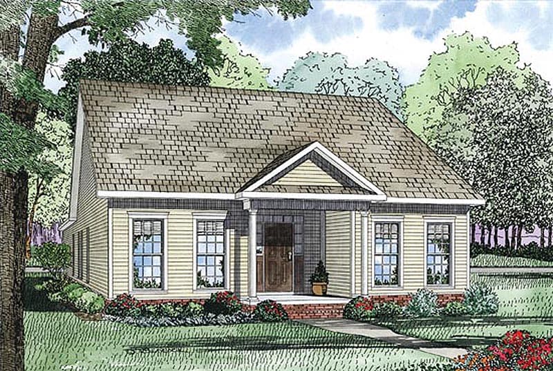 House plan exterior: Traditional style, one story, with a covered front porch, symmetrical window placement, and a prominent gable.