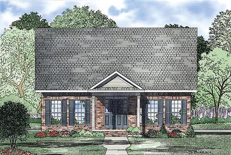 House plan exterior: Single-story brick home with a covered front porch, dual pane windows with shutters, and a prominent gable.