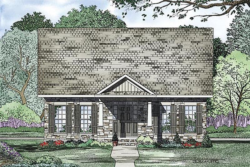 House plan exterior: One-story home with stone and shingle facade, covered porch with columns, and multi-pane windows.