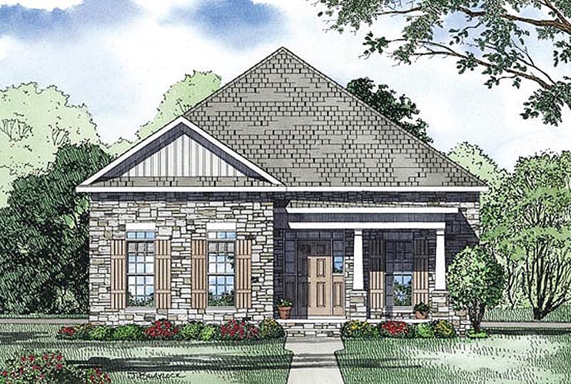 House plan exterior: stone facade, gable with vertical siding, covered porch with columns, and wood shutters. One story.