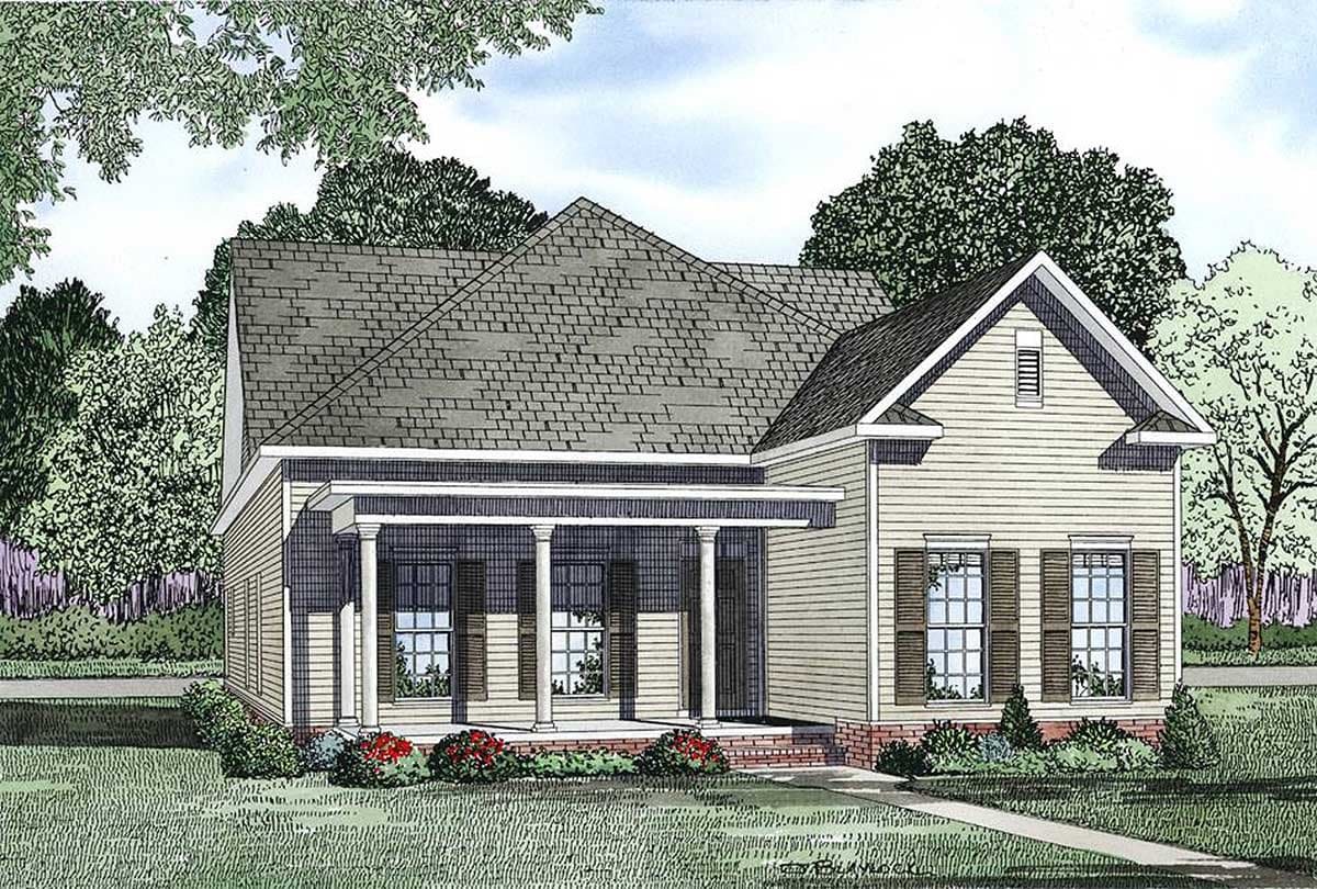 House plan exterior with wide front porch supported by columns, gabled dormer, and double-hung windows.