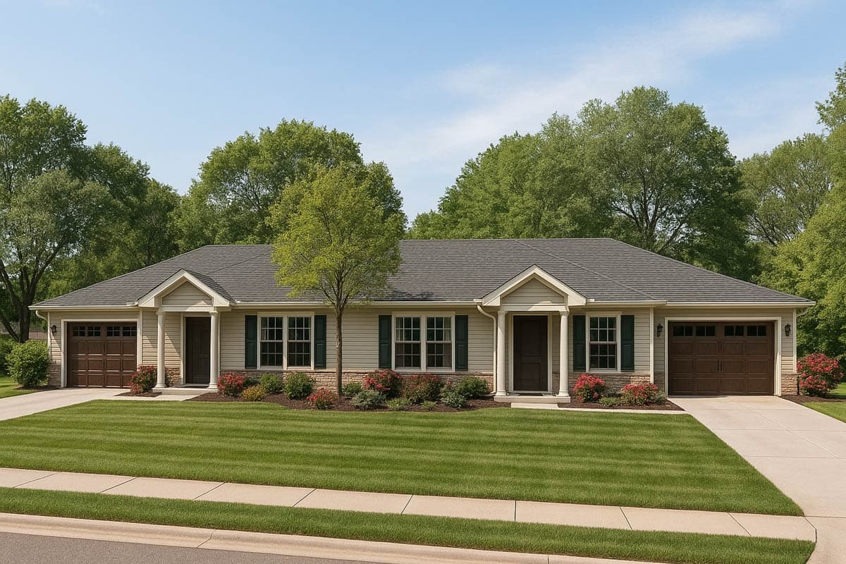 Single-story house plan exterior with two-car garage on left, covered porch entrance with columns, and gabled roof.
