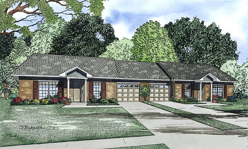 House plan exterior: Single-story, brick-faced duplex with two garages, gabled entrance porches, and wide front windows.