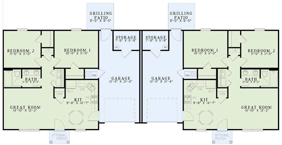 Plan 60519ND: Duplex in Siding or Brick - Floor Plan - Main Level