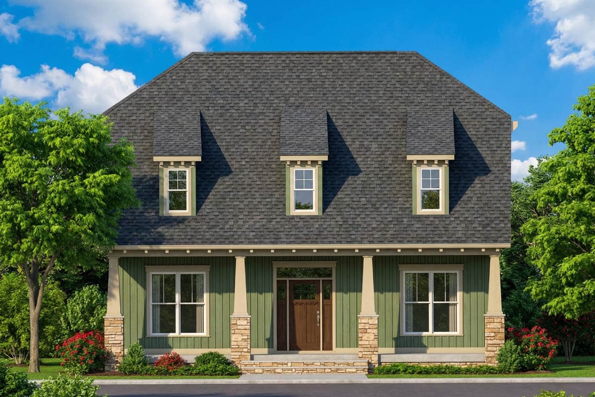 A two-story house with a green facade, stone accents, and a dark gray roof. Three dormers with windows sit on the roof. Lush trees frame the house.
