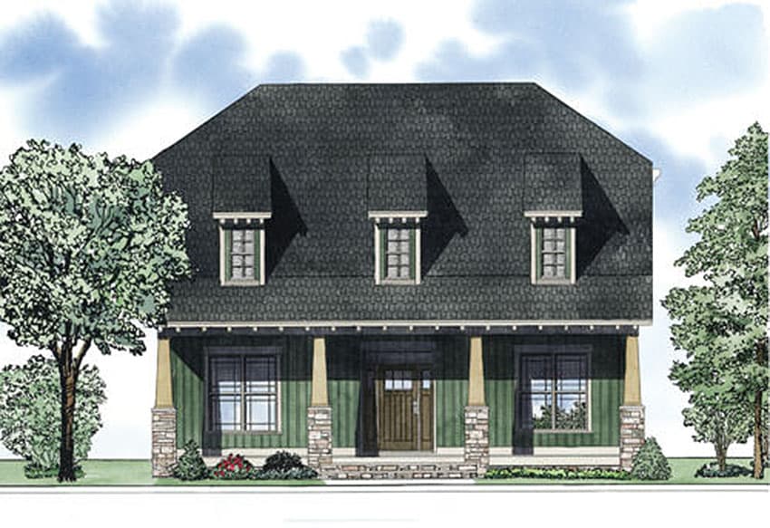 House plan exterior of a two-story home with a Mansard roof, three dormers, and a covered front porch supported by stone-clad columns.