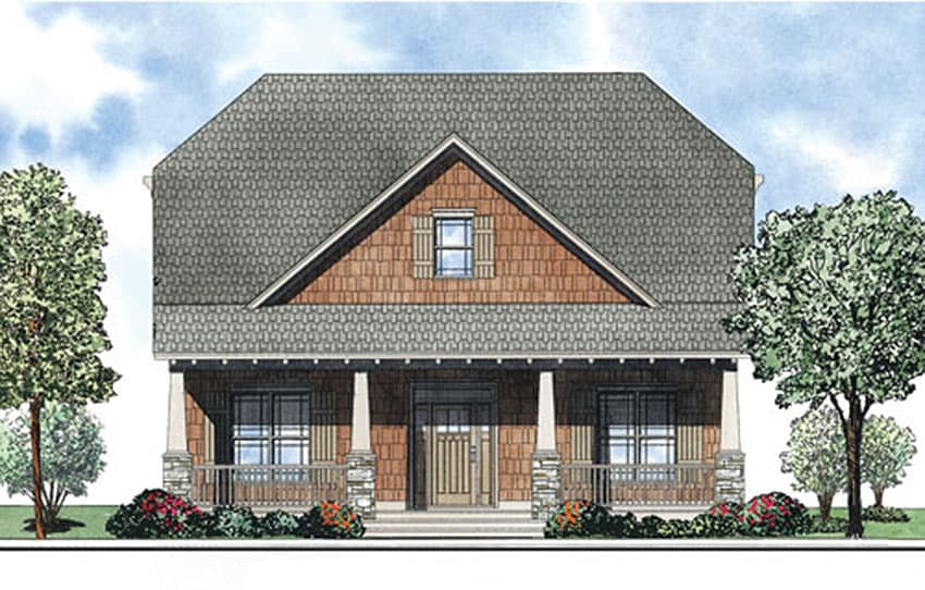 House plan exterior: Two-story home with a prominent gable, wraparound porch supported by stone-clad columns, and shaker siding.
