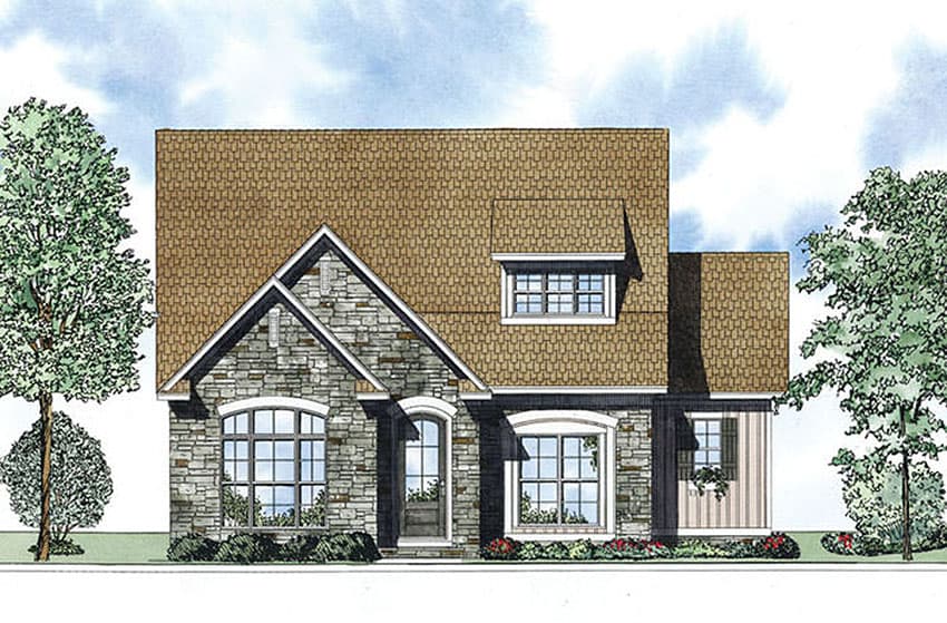 House plan exterior: Two-story home with stone facade, prominent gables, arched windows, and a dormer.