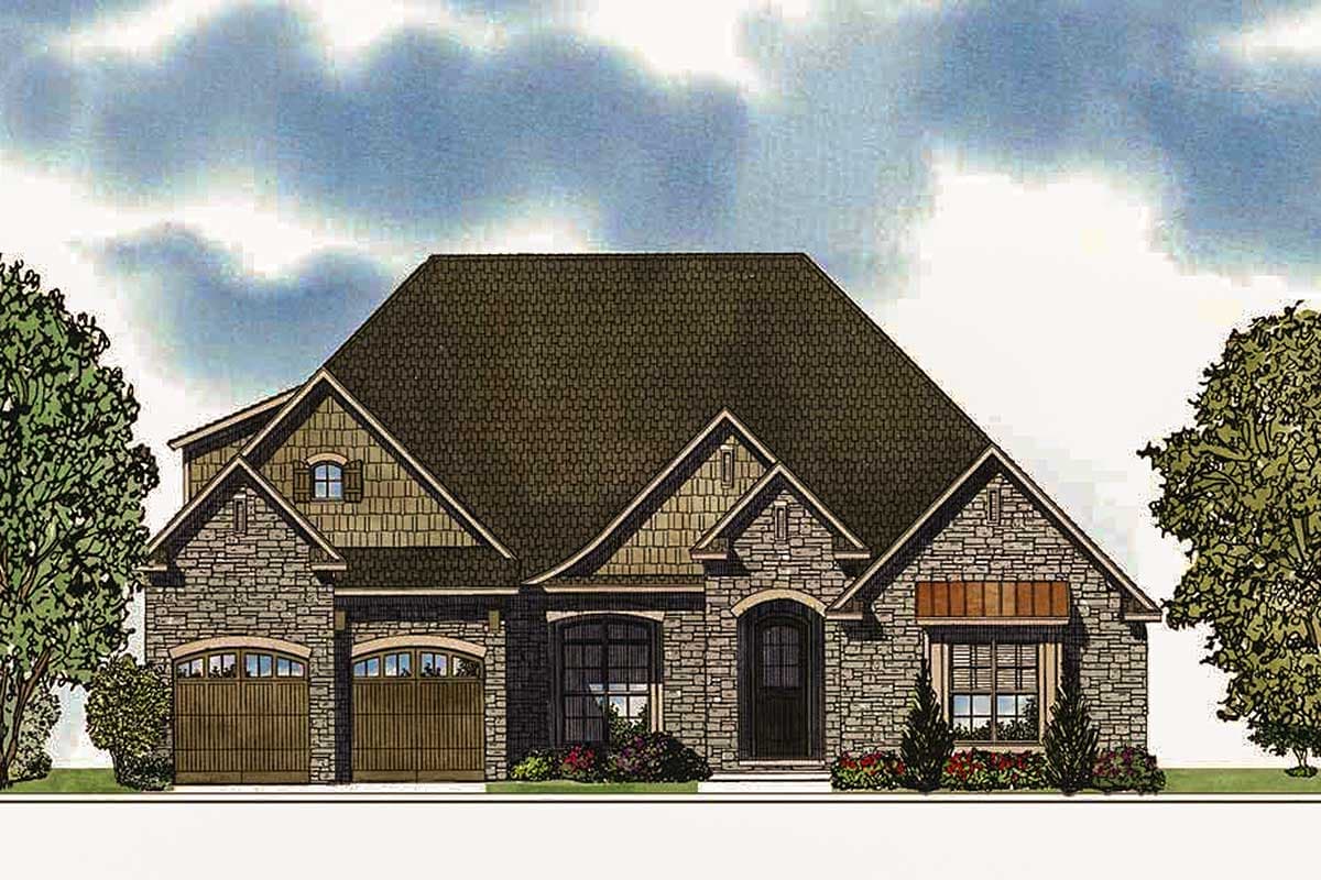 House plan exterior: Single-story stone house with a mix of gables, dormers, two garage doors, and a pitched roof.
