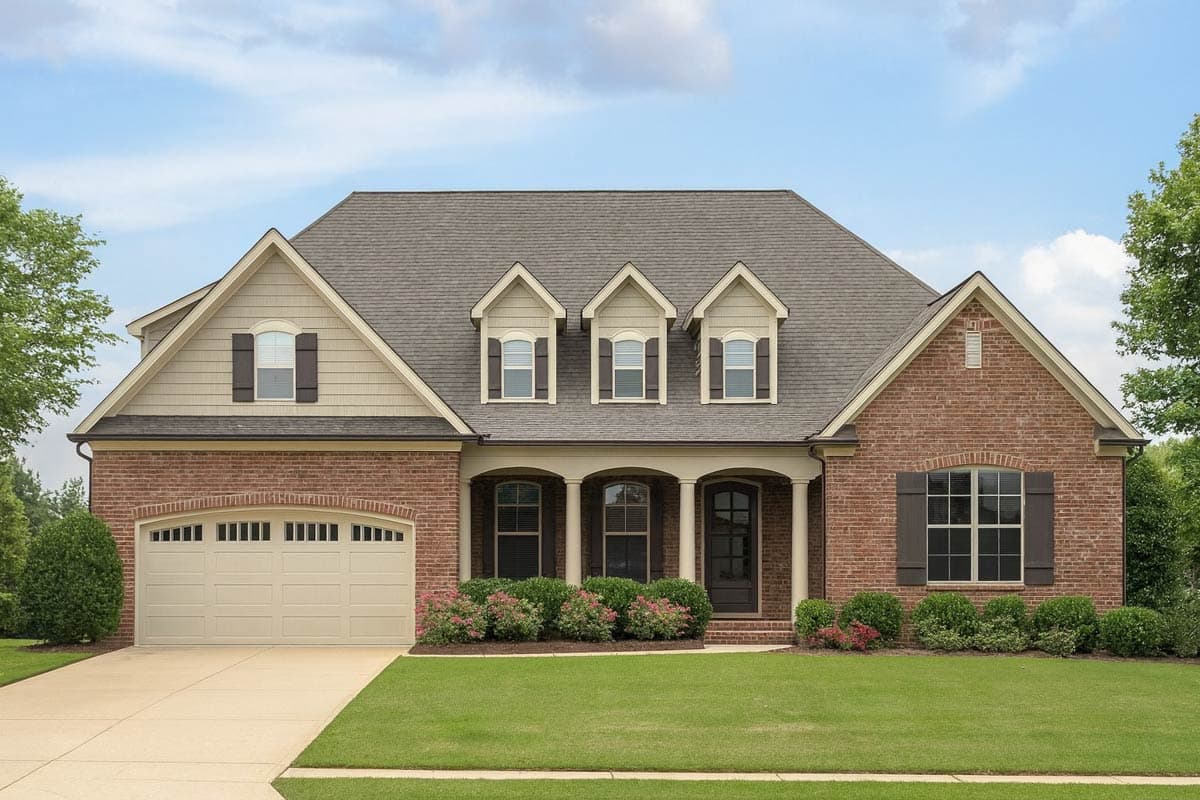 House plan exterior: Two-story brick home with side-entry garage, covered porch with three arched openings, and multiple gables with dormers.