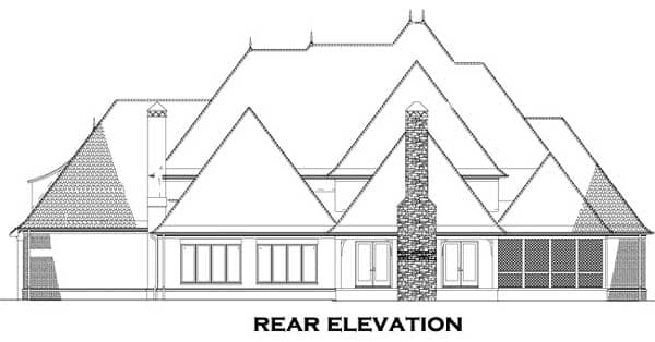 Rear elevation of a house plan featuring a prominent stone chimney, multiple gables, and a screened porch.