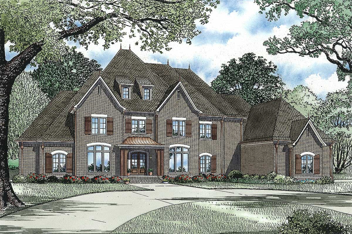 House plan exterior of a two-story brick home with dormers, gables, shutters, and a curved portico.