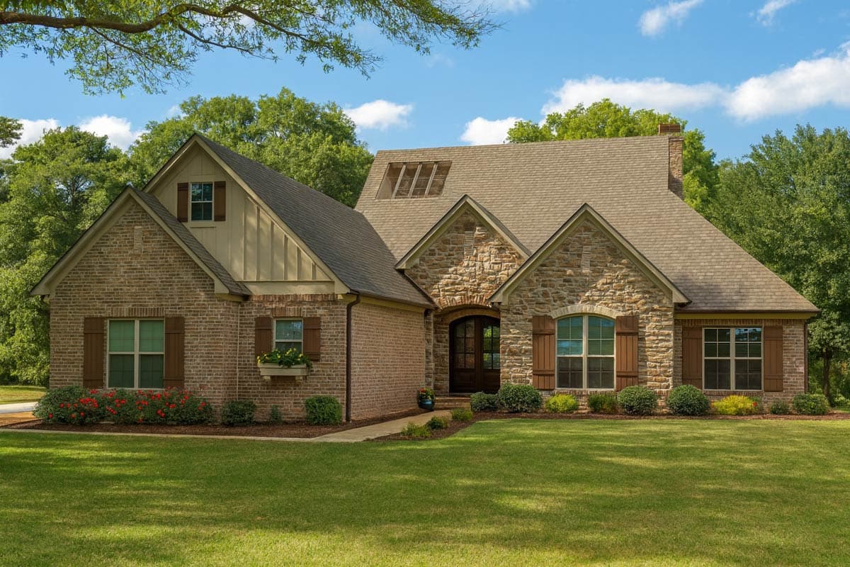 House plan exterior, one story, brick and stone facade, arched entry, gables, dormer.