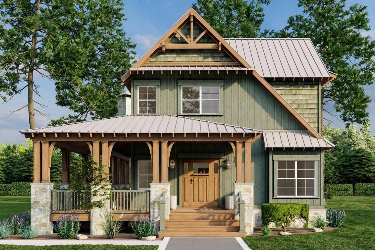 Craftsman-style house plan exterior. Two-story home with a gabled roof, covered porch with stone columns, and wood-clad siding.