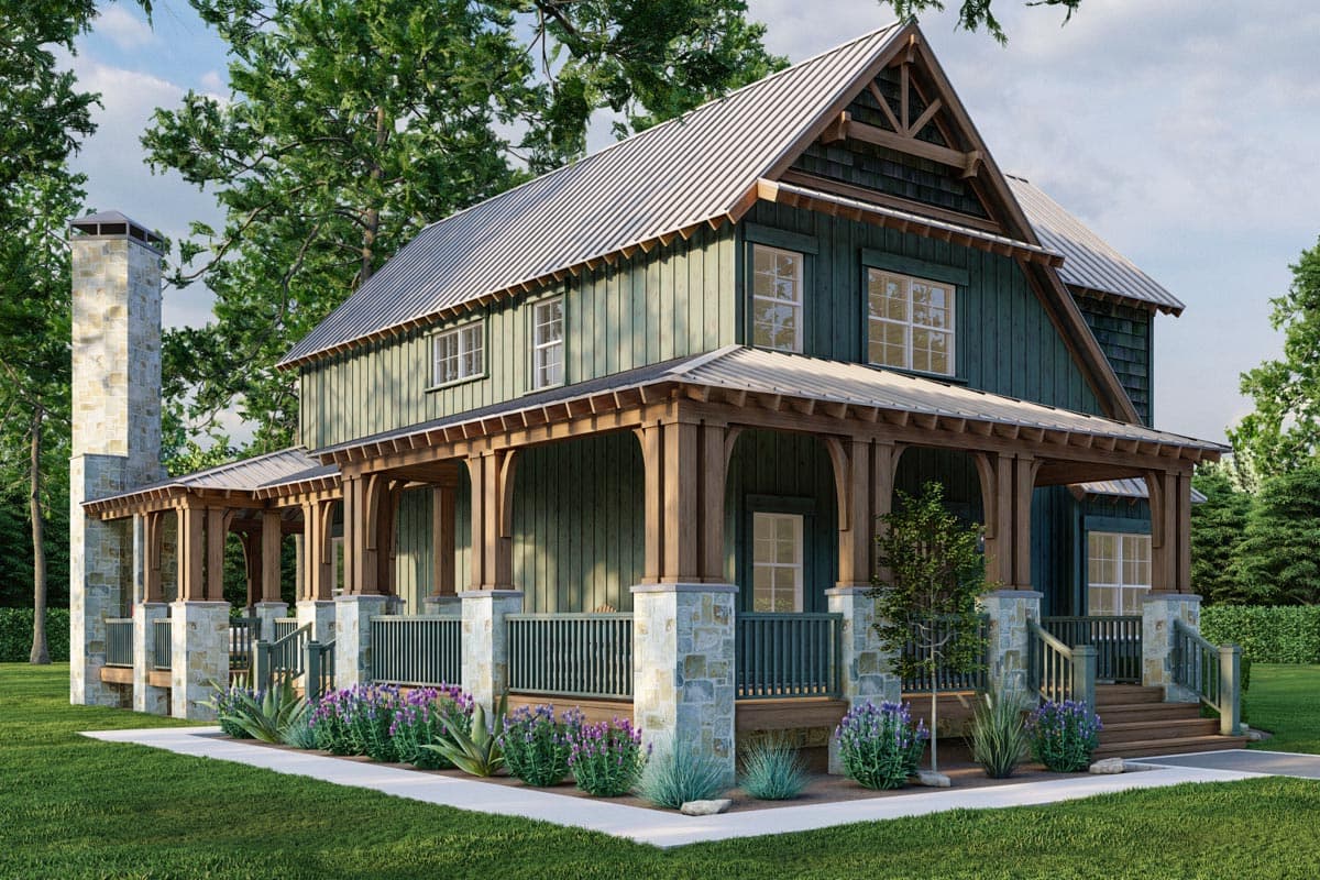 House plan exterior: Two-story Modern Farmhouse with wrap-around porch, stone chimney, and metal roof.