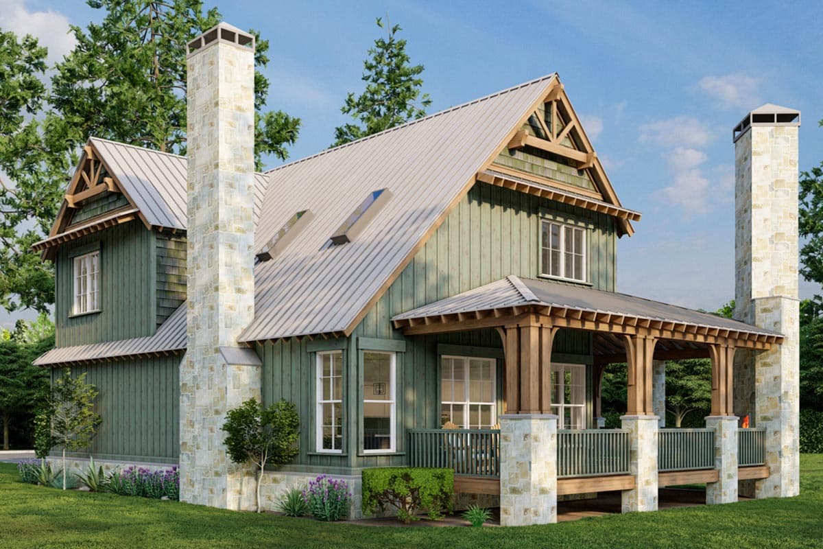 Modern Farmhouse house plan exterior with two stone chimneys, metal roof, gables, and covered porch with wood columns.