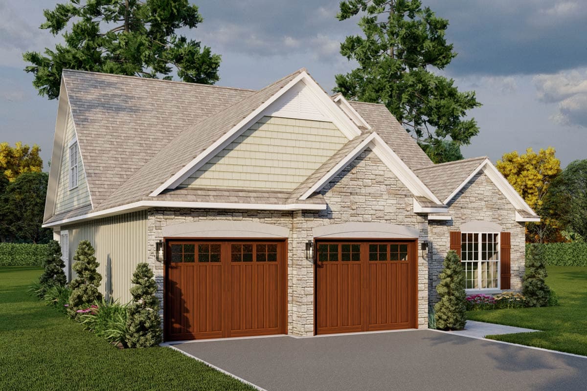 House plan exterior of a multi-story home with a stone facade, two garage doors, gable roofs, and shingle siding.