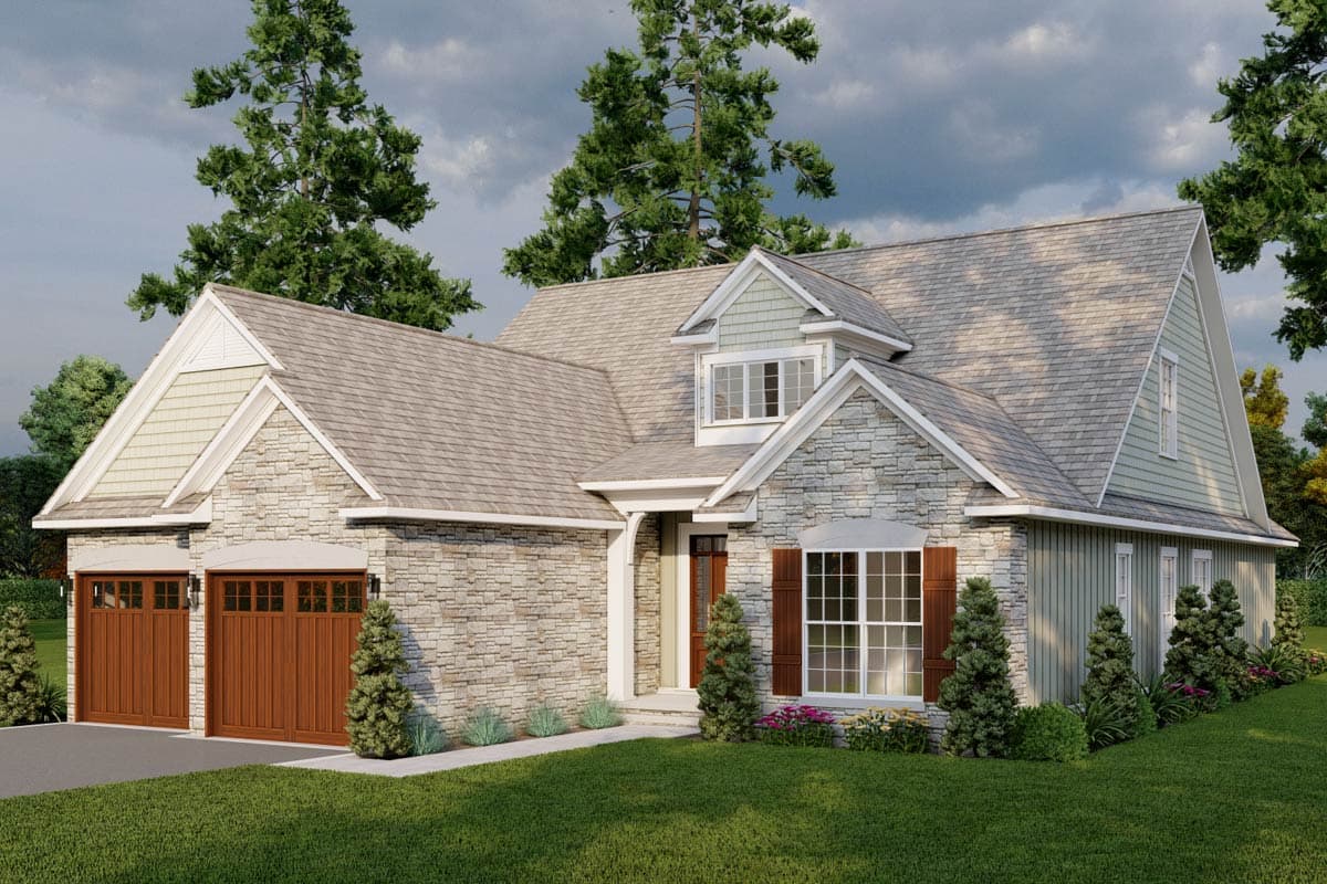 House plan exterior: Stone and shingle siding, gable dormer, arched entry, and a three-car garage with wood doors.