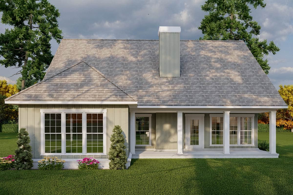 House plan exterior: One-story home with a hip roof, central chimney, covered porch with columns, and multiple multi-pane windows.