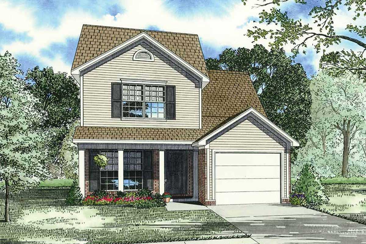 House plan exterior: two-story home with covered front porch, gable rooflines, vinyl siding, and attached garage.