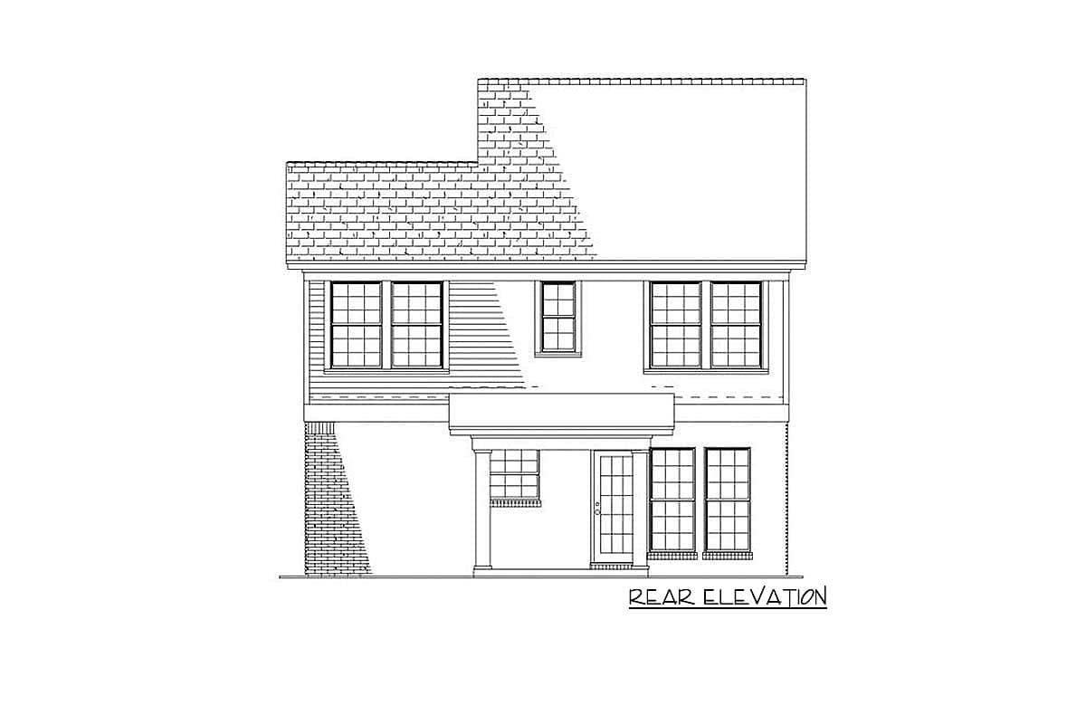 Rear elevation drawing of a two-story house plan with a covered entry, multiple windows, and brick accents.