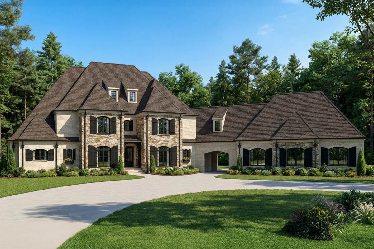 House plan exterior with stone and brick facade, two stories, multiple gables, dormers, and an attached garage.