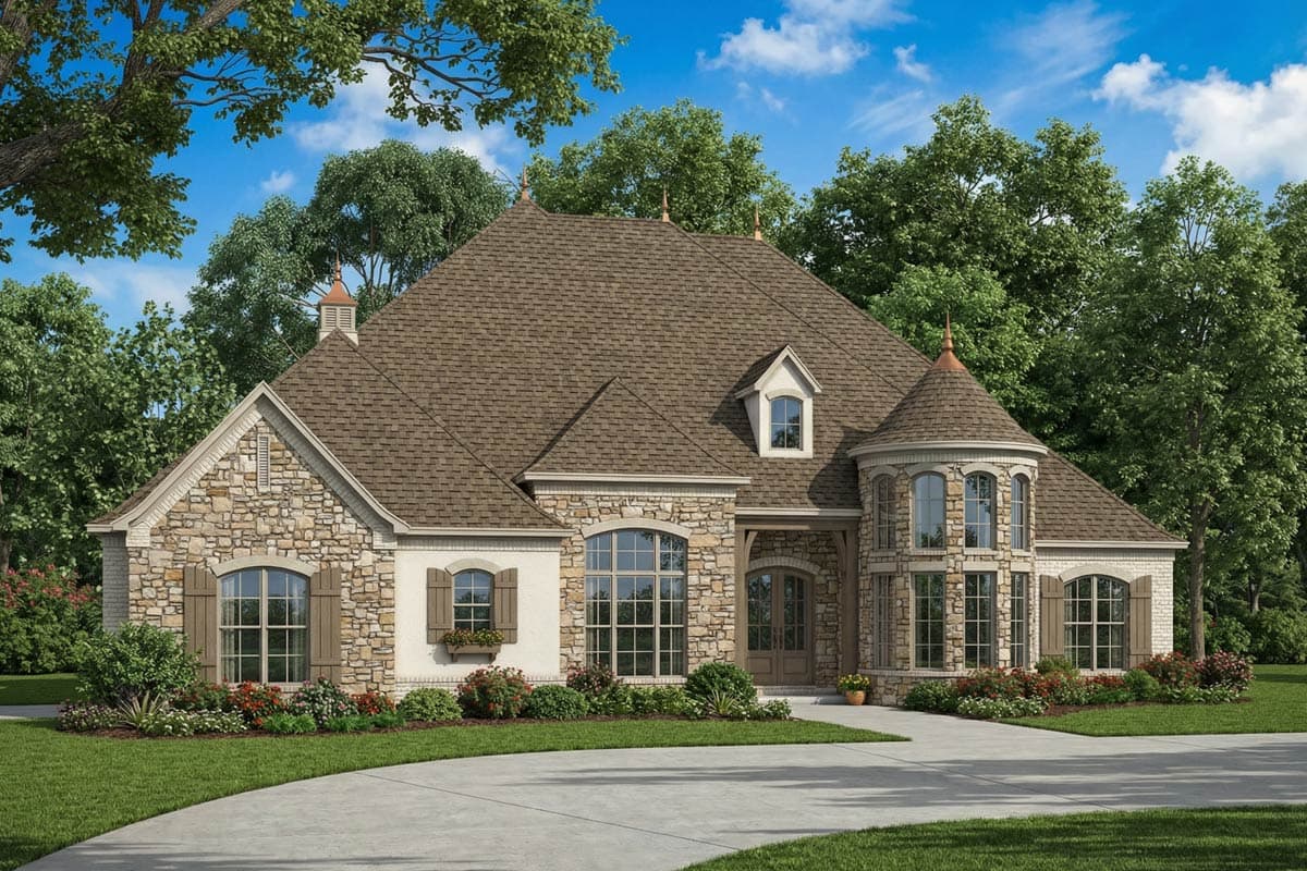 A stately two-story home with stone and stucco facade, arched windows, and a turret. It features a brown shingle roof and a curving driveway.