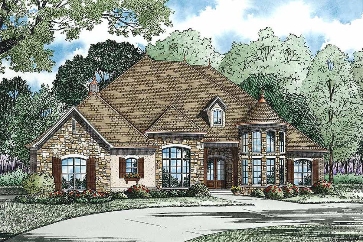 House plan exterior with stone facade, arched windows, conical turret, and multiple gables. Traditional architectural style.