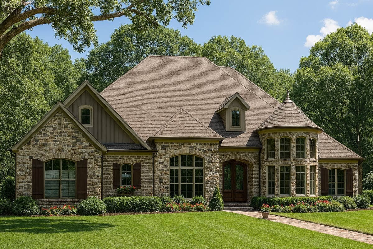House plan exterior: stone and brick facade, steeply pitched roof with dormers, and a circular turret with arched windows.