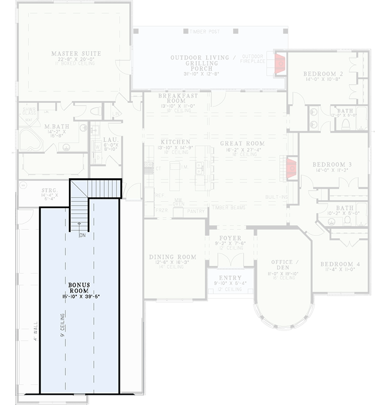 Plan 60541ND: European Home with Timber Beams - Floor Plan - Optionally Finished Bonus Room - European
