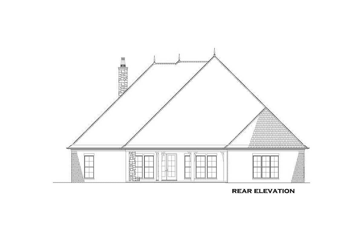 Rear elevation drawing of a house plan featuring a prominent hip roof, stone chimney, multiple windows, and French doors.