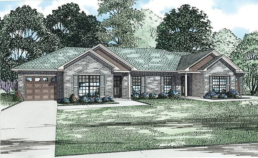 House plan exterior: single-story brick home with attached garage, gable dormers, and covered entry.