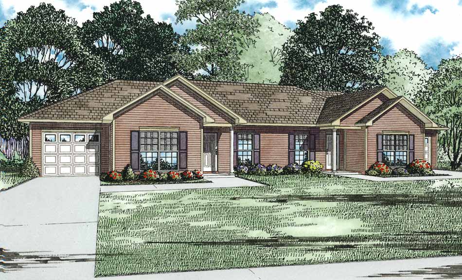 House plan exterior: one-story ranch with attached garage, gabled dormers, wide front entrance, and covered porch.