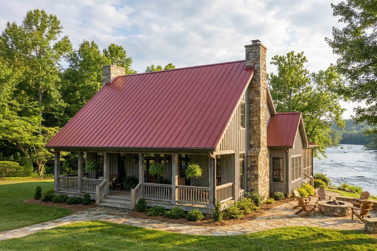 Rustic cabin with a red metal roof and stone chimney, overlooking a river. A porch with hanging plants and a stone patio with fire pit are in view.