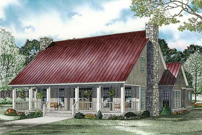 House plan exterior of a one-story home with a prominent wraparound porch, stone chimney, and metal roof.