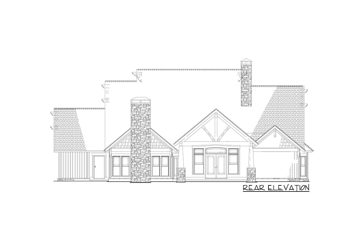 Rear elevation drawing of a house plan with multiple gables, stone chimneys, and a double-door entry.